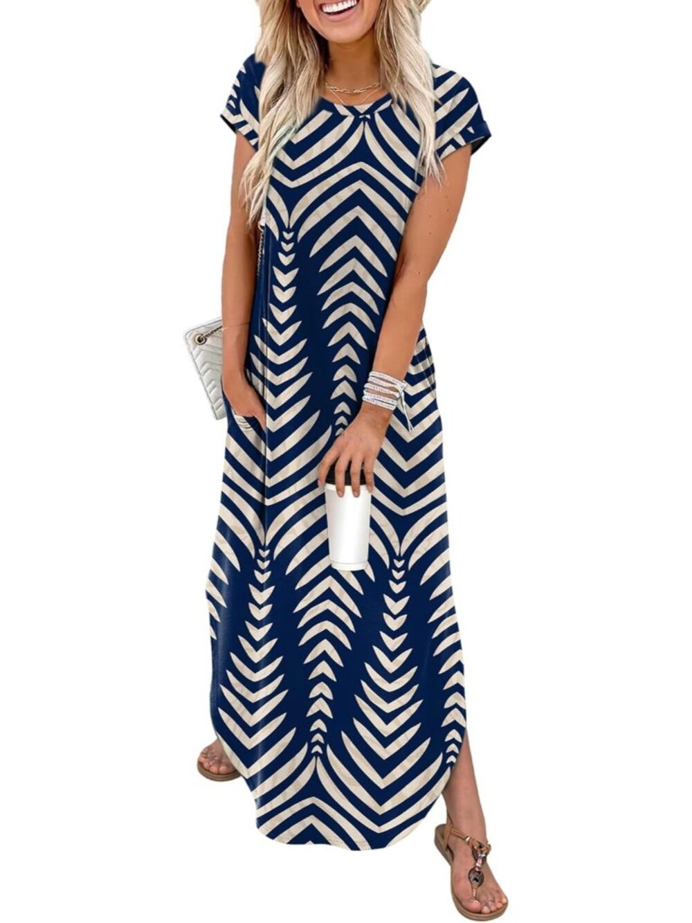 Women Floral Navy Blue Cap Sleeve Crewneck Casual Long Summer Pull On Maxi Dress